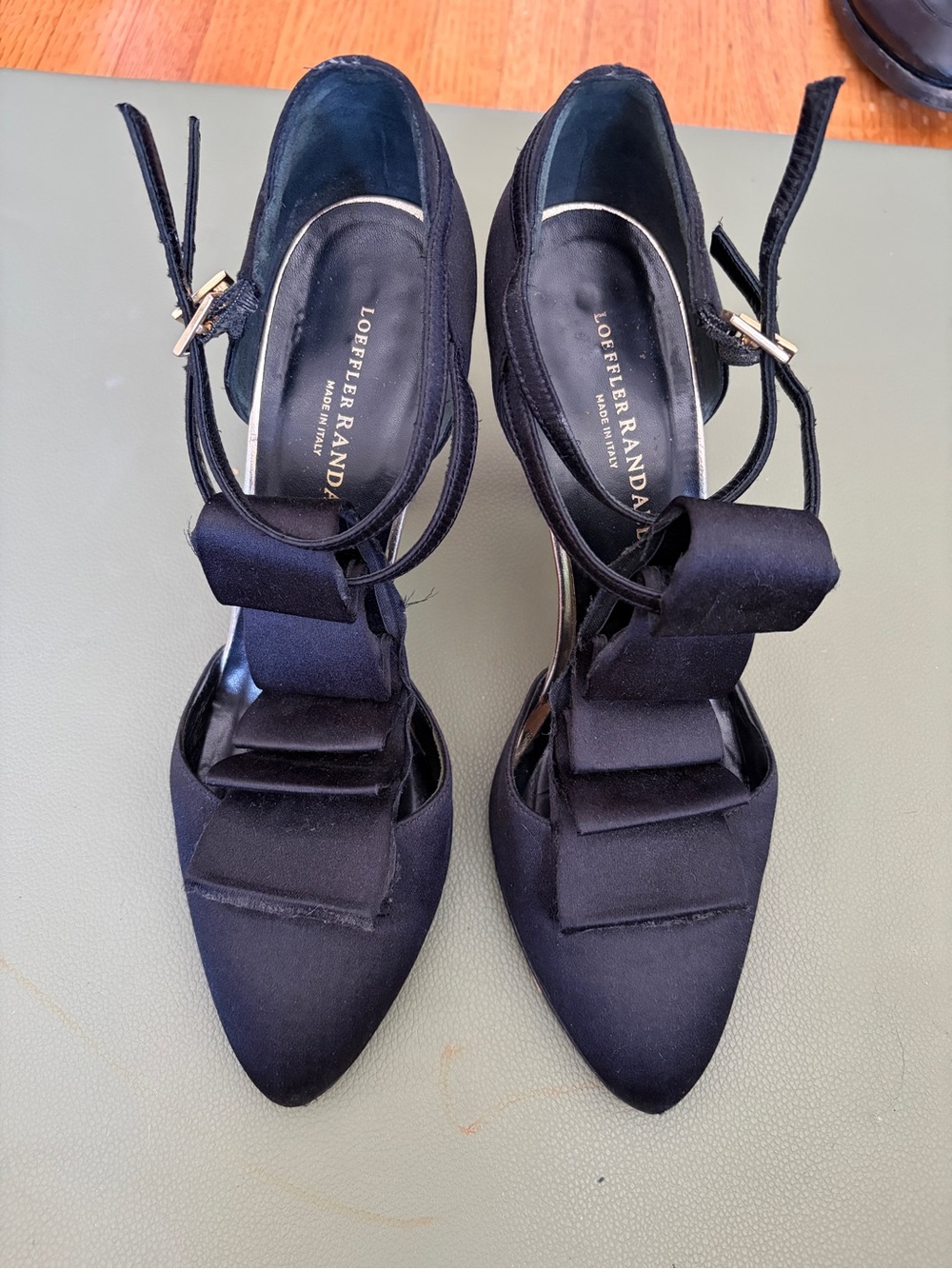 Loeffler Randall Black Satin Pointed-Toe Bow Ankle-Strap Heels